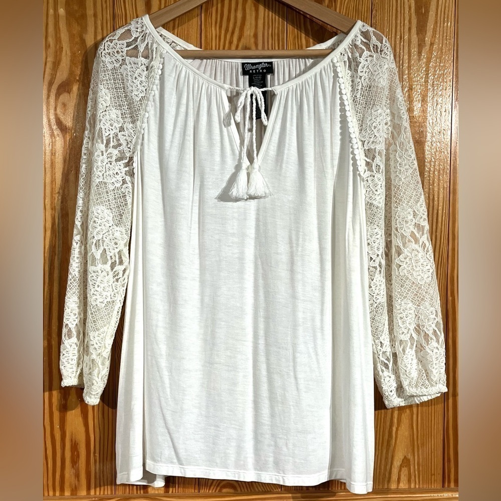 Wrangler Retro White Cream Lace 3/4 Sleeve Flowy Top Shirt Tassel Tie